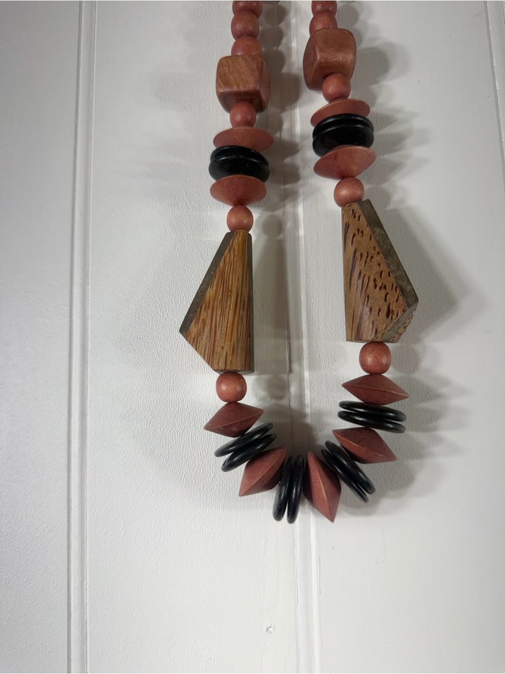 Vintage Wooden Geometric Bead Necklace – 24.5” Boho Statement Necklace - Picture 4 of 5
